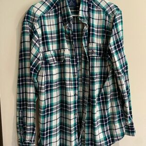 Faded Glory White, Teal & Navy Plaid Button-Down Shirt